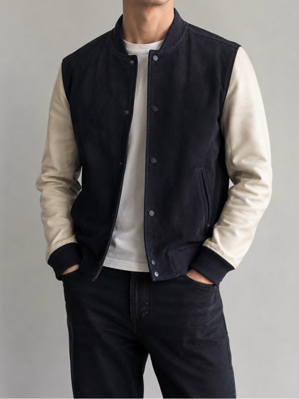 AllSaints Men’s Suede & Leather Varsity Bomber Jacket – Size Medium Black/Cream
